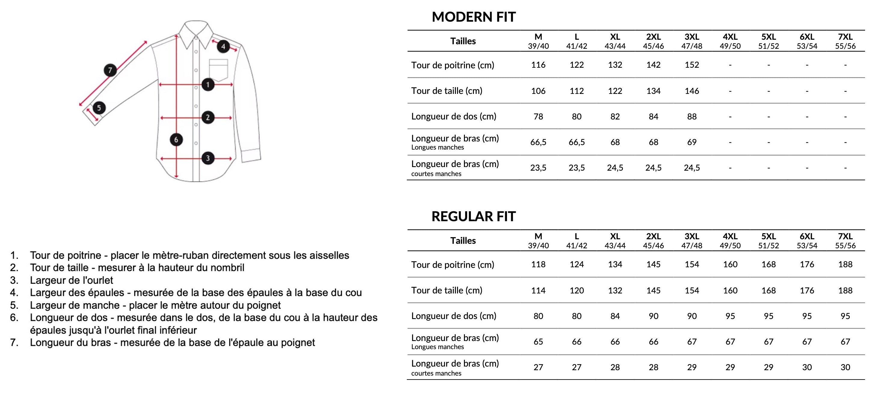 Guide des tailles chemises jupiter casamoda